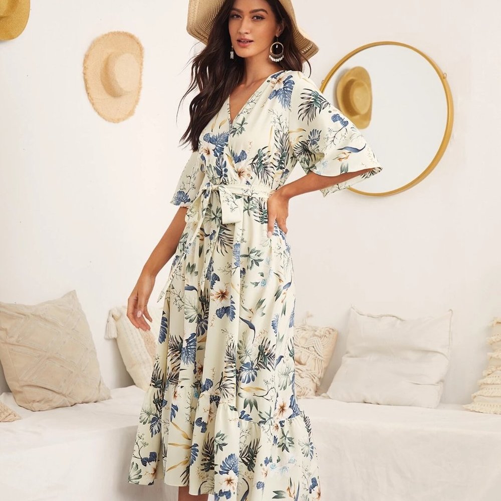Ruffle Hem Self Belted Flower Dress